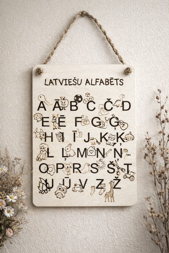 Latviešu alfabēts ar attēliem- koka dēlītis 