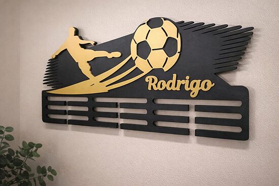 Personalizēts koka stends medaļām- futbolistam