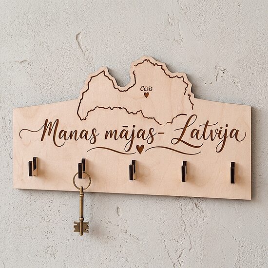 Koka pakaramais atslēgām, ar koka āķīšiem, “Latvija”