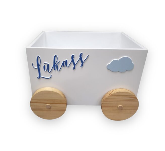 Personalized wooden toy box on wheels